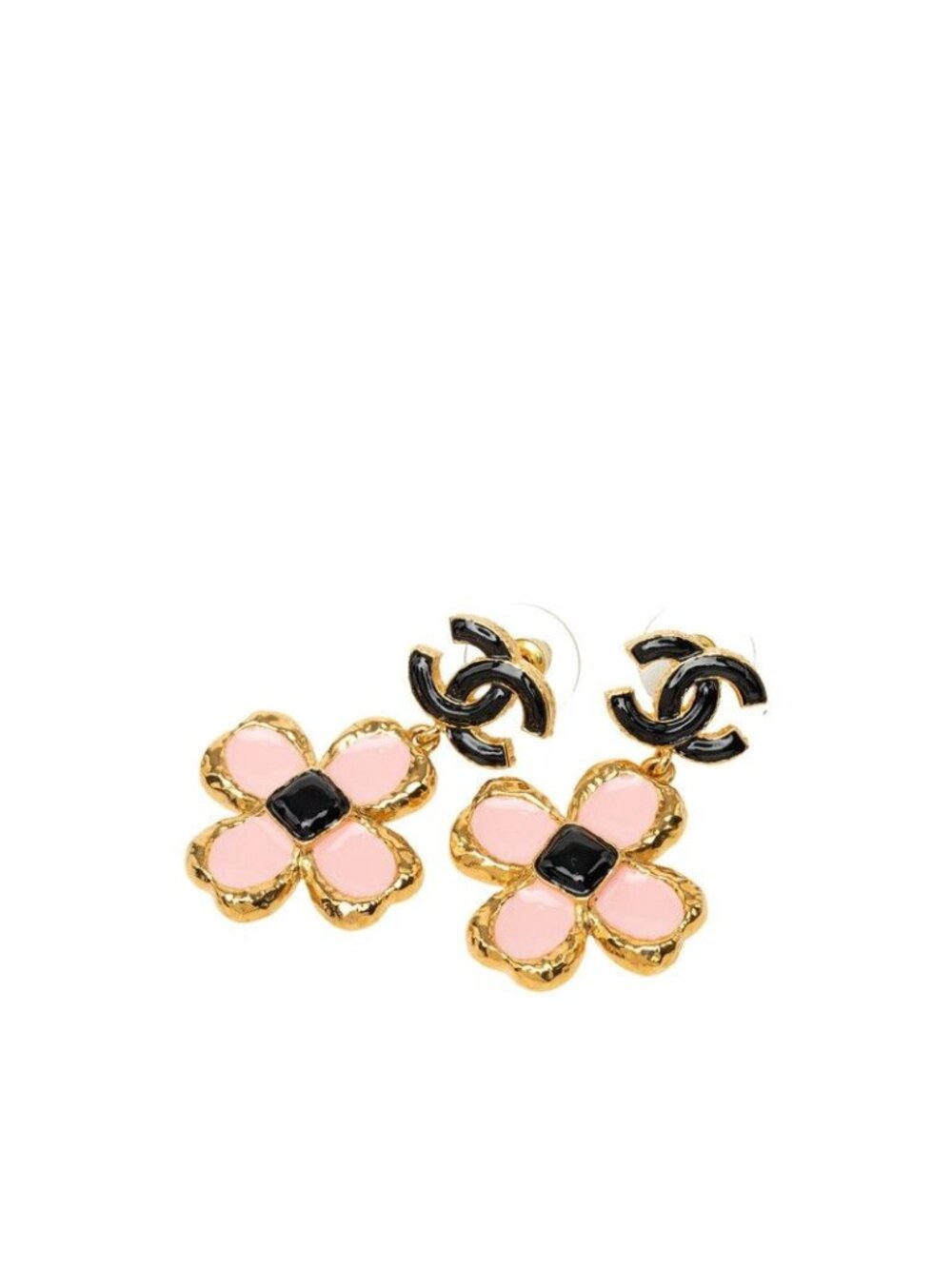 Chanel CC Logo Flower Motif Earrings Gold Pink Black Plated